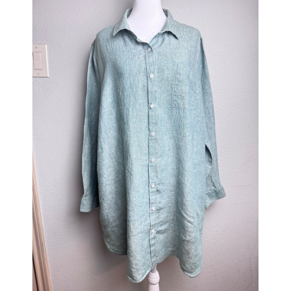 Coldwater Creek Linen Tunic Shirt Womens XL Green Button Front Long Sleeve